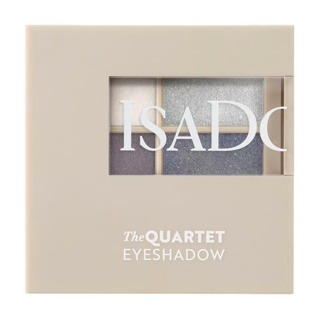 Quadratische Lidschatten-Palette mit vier Farben. Beige Verpackung mit transparentem Fenster und Produktnamen.