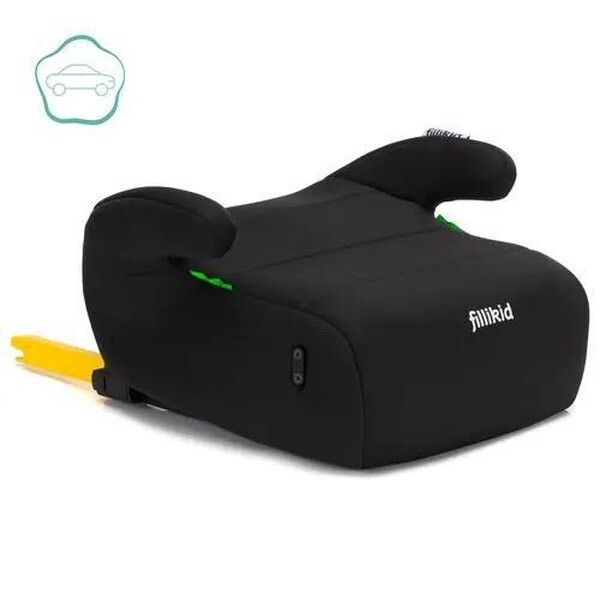 Schwarzer Kindersitz-Booster mit Isofix-Befestigung und Armlehnen.