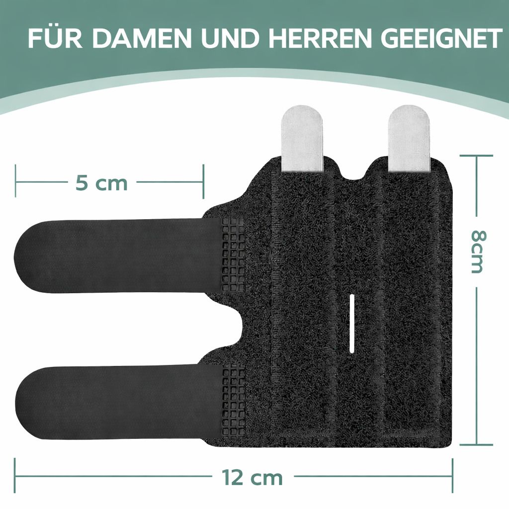 Schwarze Fingerschiene mit Maßen: 12 cm x 8 cm x 5 cm. Mit Klettverschlüssen und Metallschienen. Für Damen und Herren geeignet.