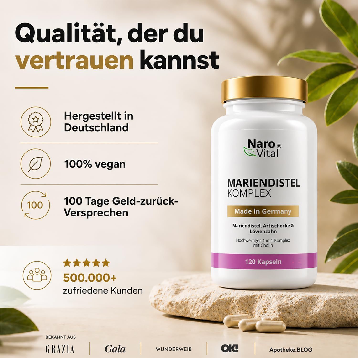 Weiße Kapsel-Dose mit Golddeckel. Mariendistel Komplex. 120 Kapseln. 100% vegan. Hergestellt in Deutschland. 500.000+ zufriedene Kunden.