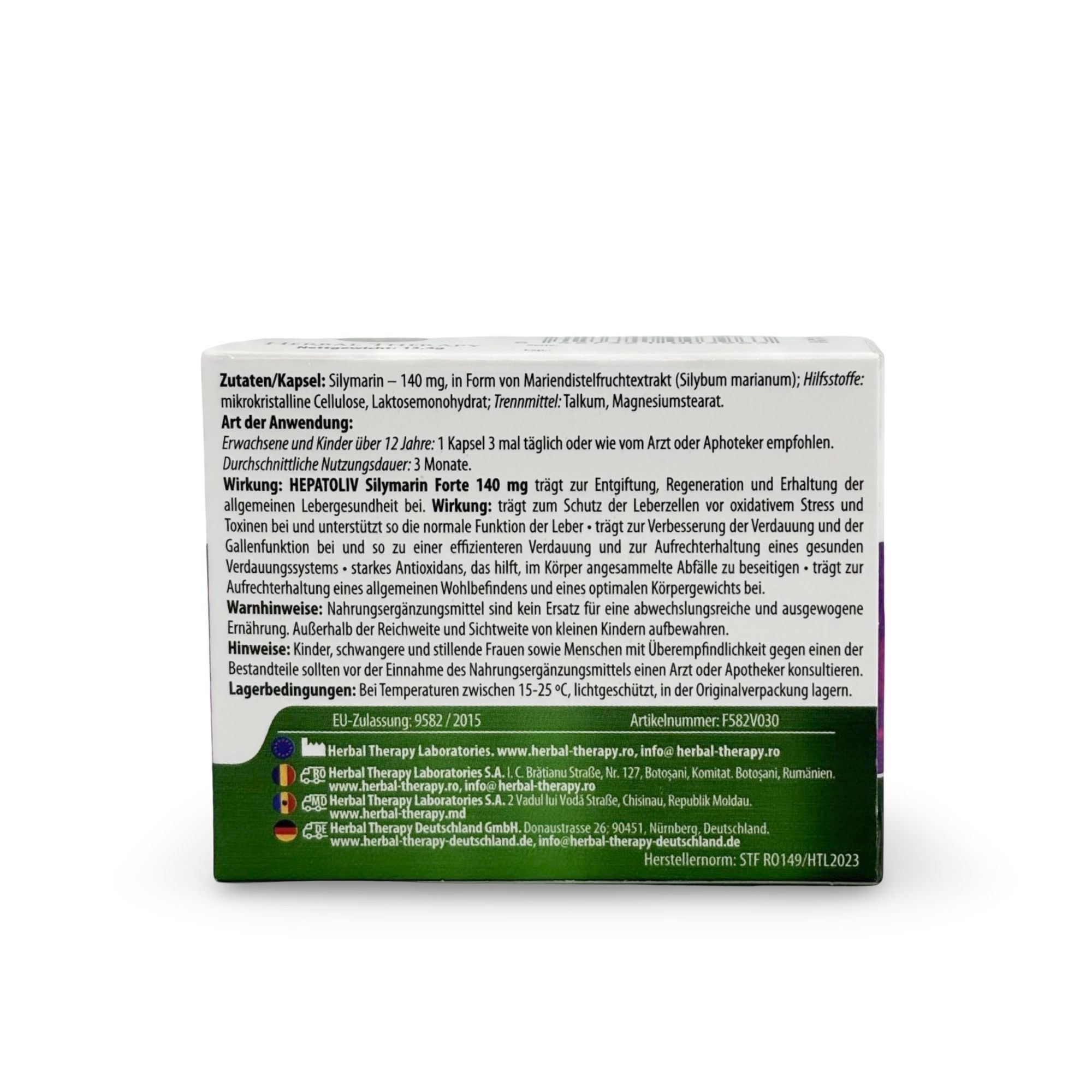 Rückseite der Schachtel mit HEPATOLIV Silymarin forte 140 mg. Text über Inhaltsstoffe, Anwendung, Warnhinweise und Herstellerinformationen.