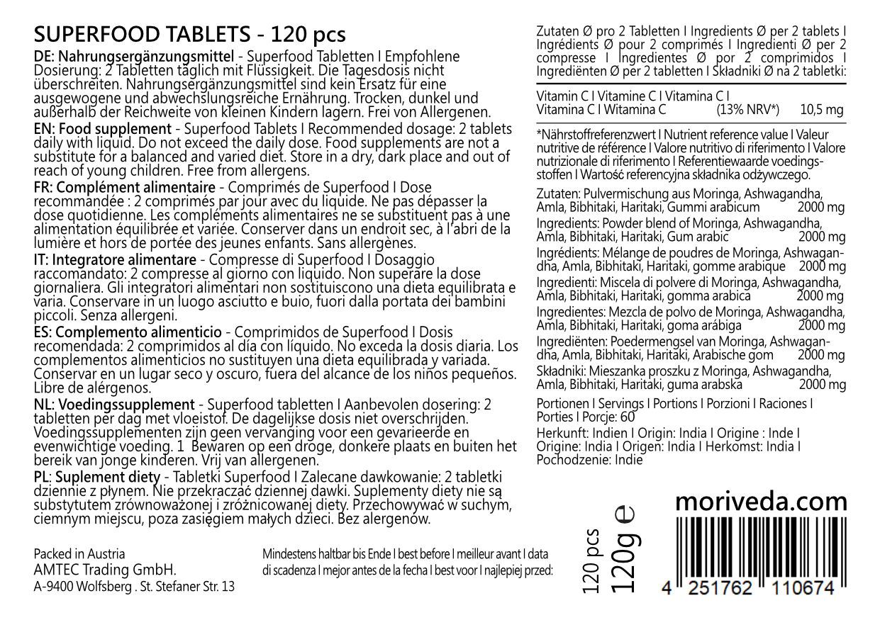Rückseite der Tablettenpackung. Informationen zu Inhaltsstoffen, Dosierung und Nährwerten. 120 Tabletten, 120g.