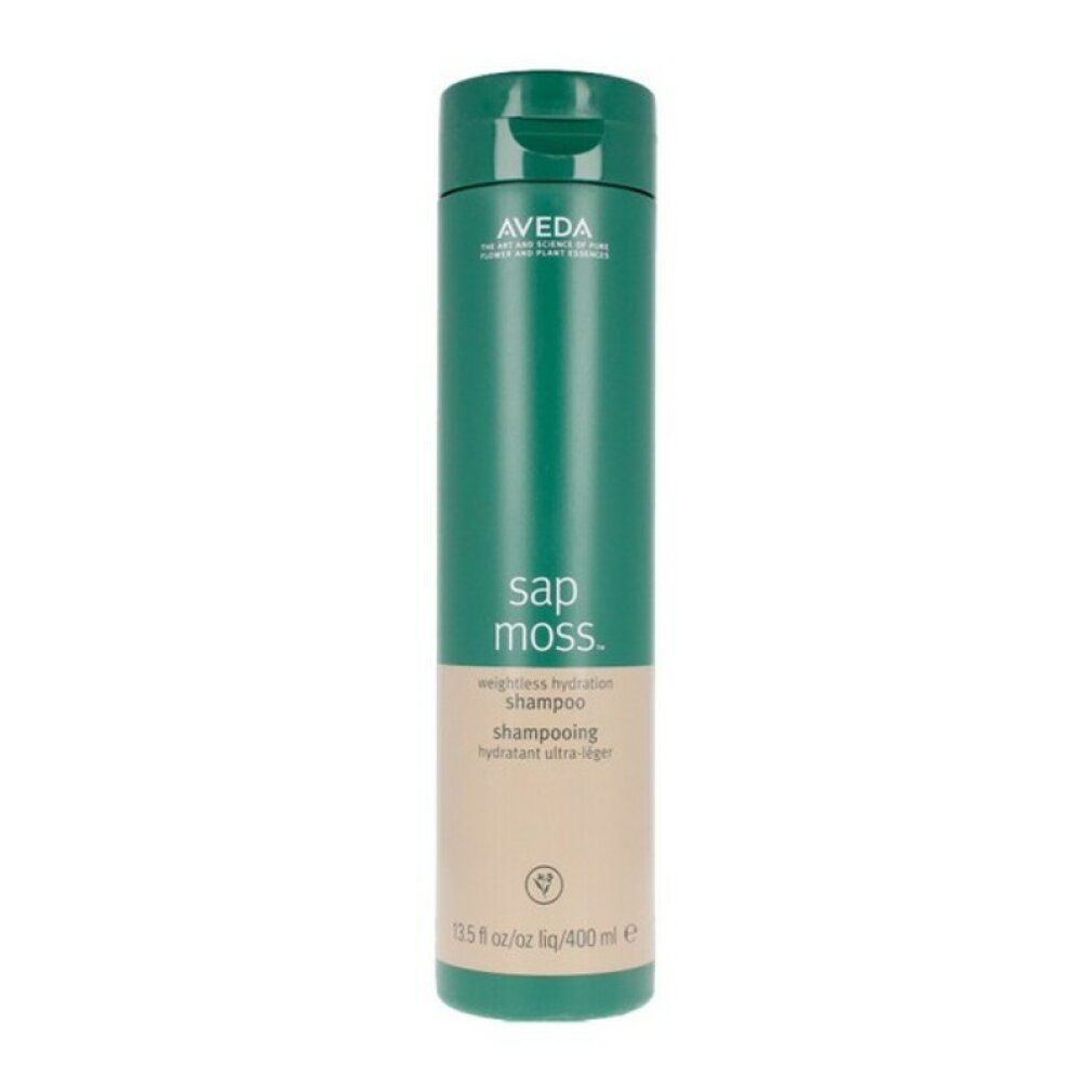 Aveda Shampoo. Grüne Flasche mit schwarzem Deckel. Text: Sap Moss, weightless hydration shampoo, Shampooing Hydratant ultra-léger. Marke Aveda.