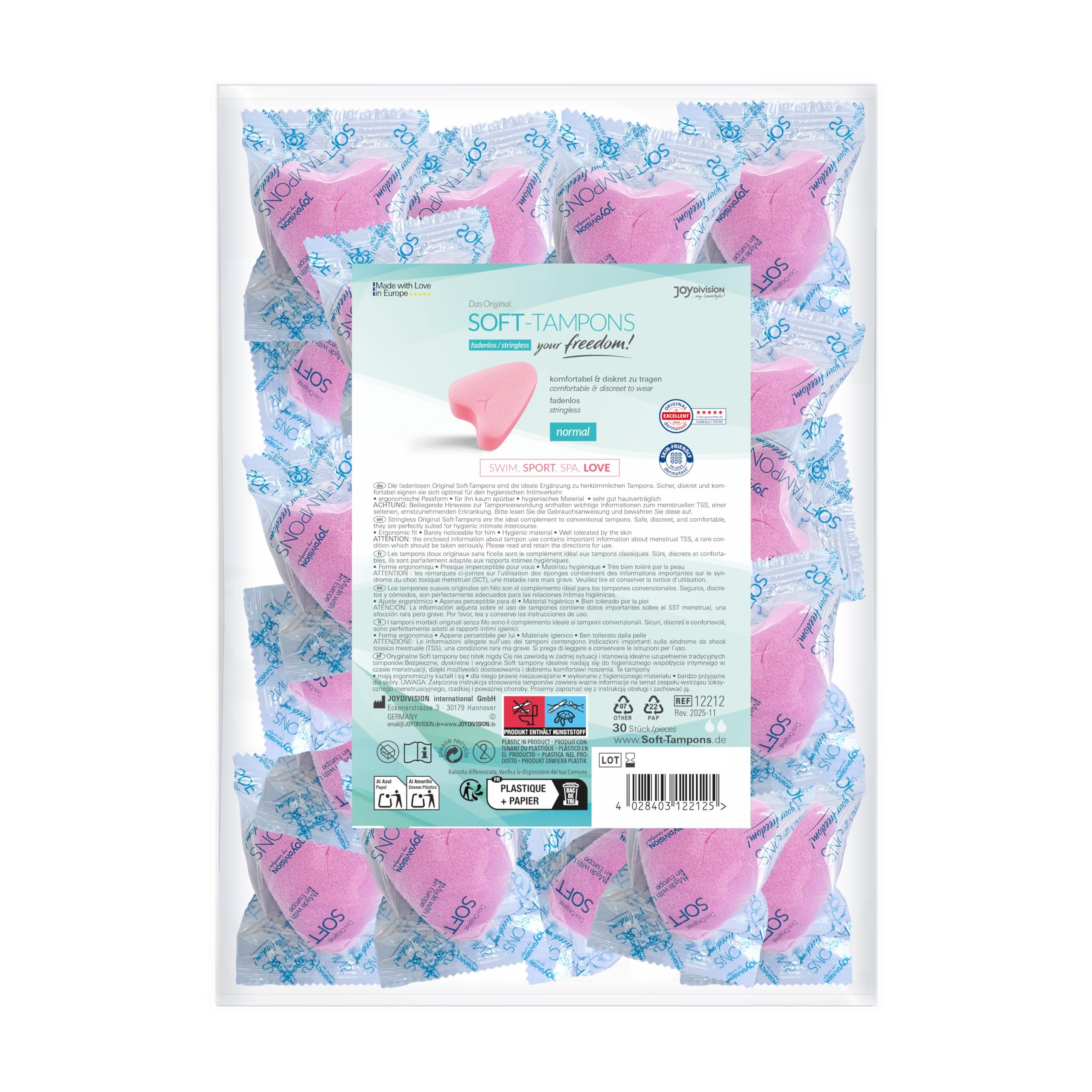 Verpackung mit 16 einzeln verpackten, rosa Herz-Tampons.