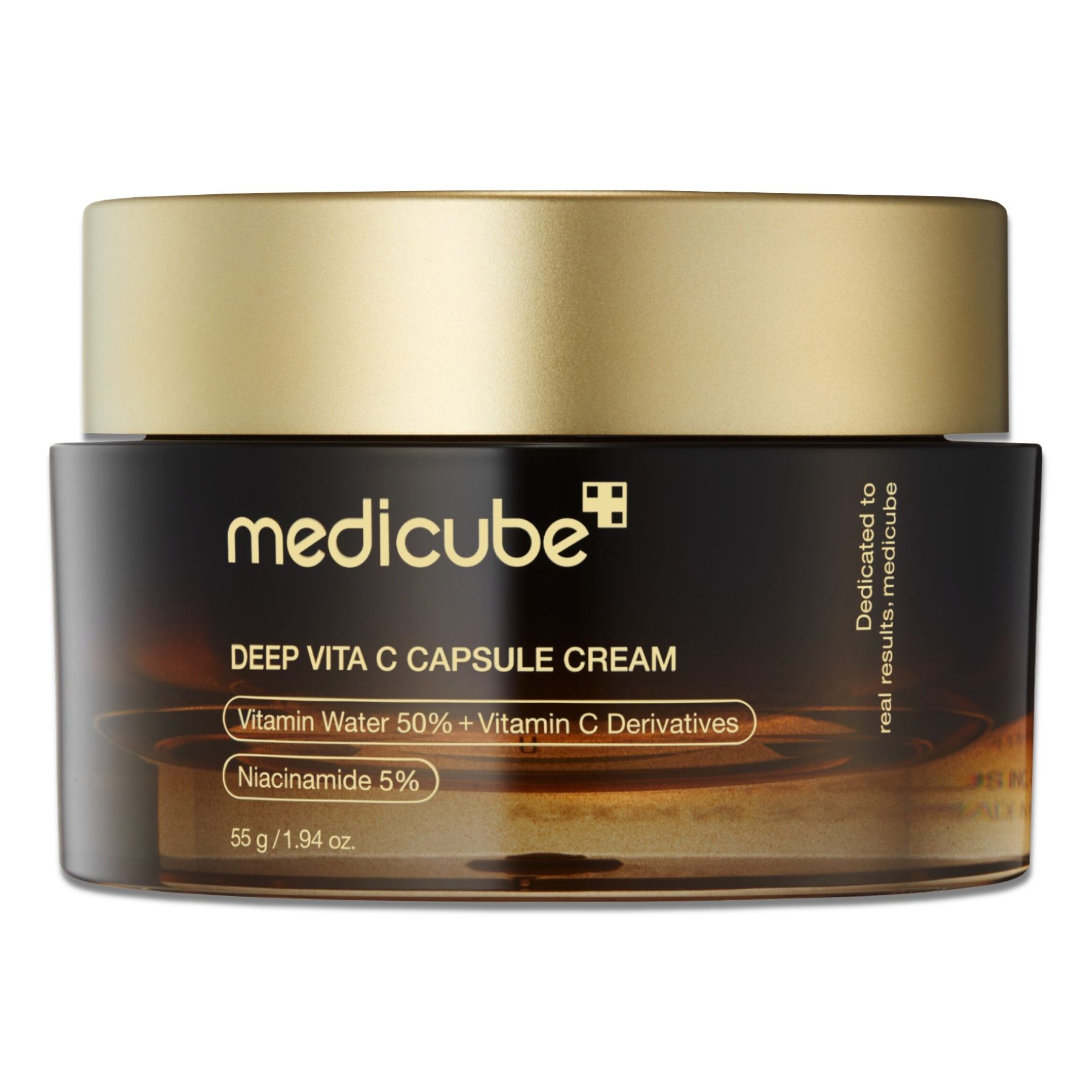 Braune Tiegel mit goldfarbenem Deckel. Aufschrift: medicube, DEEP VITA C CAPSULE CREAM. Enthält Vitamin Water 50% + Vitamin C Derivatives.