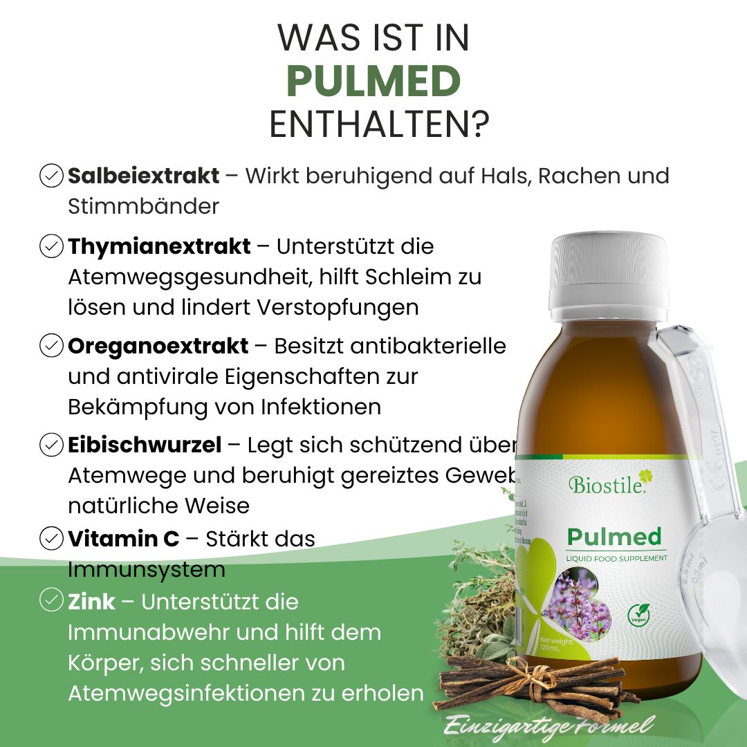 Flasche mit Messlöffel. Text: Was ist in Pulmed enthalten? Auflistung von Inhaltsstoffen. Aufschrift: Biostile Pulmed, Liquid Food Supplement.