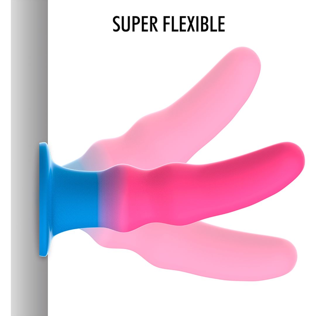 Dildo mit Saugnapf, dreifach dargestellt, zeigt Flexibilität. Zweifarbig: Pink und Blau.