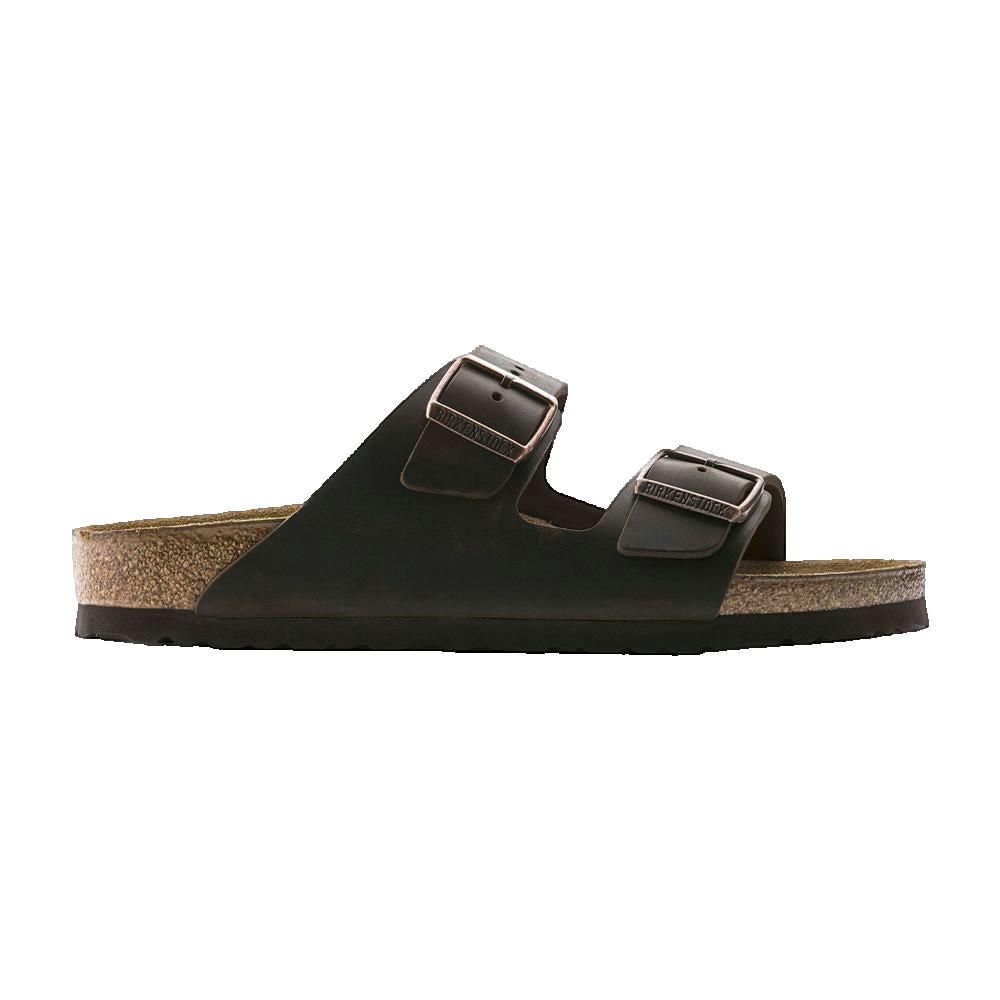 Sandali Birkenstock Arizona. Pelle marrone scuro, due fibbie, plantare in sughero. Vista laterale.