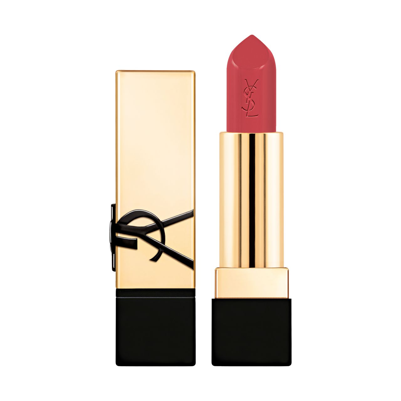 Goldene Lippenstiftverpackung und Lippenstift. Geöffneter Lippenstift mit rosa Spitze.