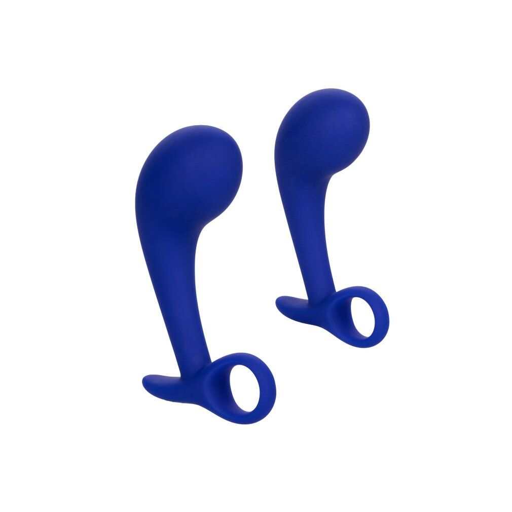 Zwei blaue, ergonomisch geformte Anal-Trainingshilfen mit Ring. Aus Silikon.