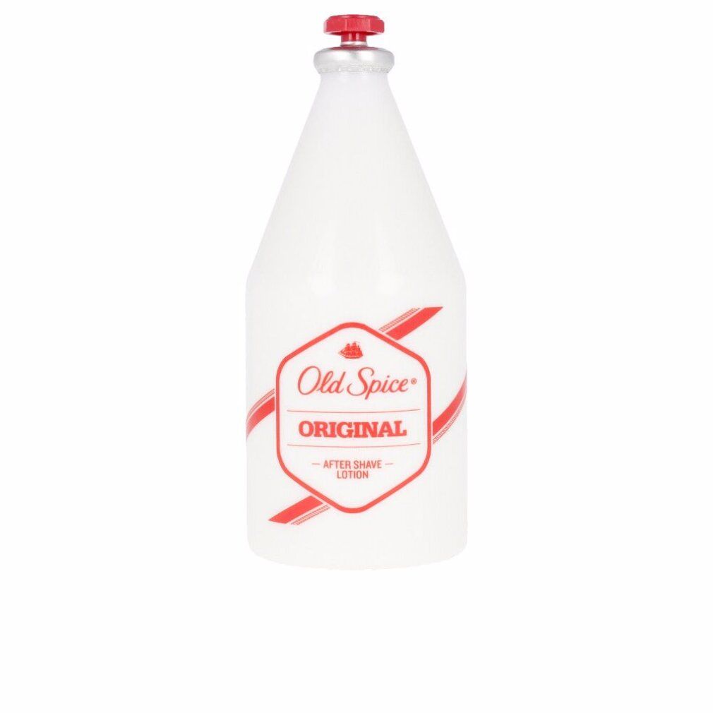 Weiße Flasche mit rotem Verschluss. Aufschrift: Old Spice Original After Shave Lotion. Rote und weiße Streifen.
