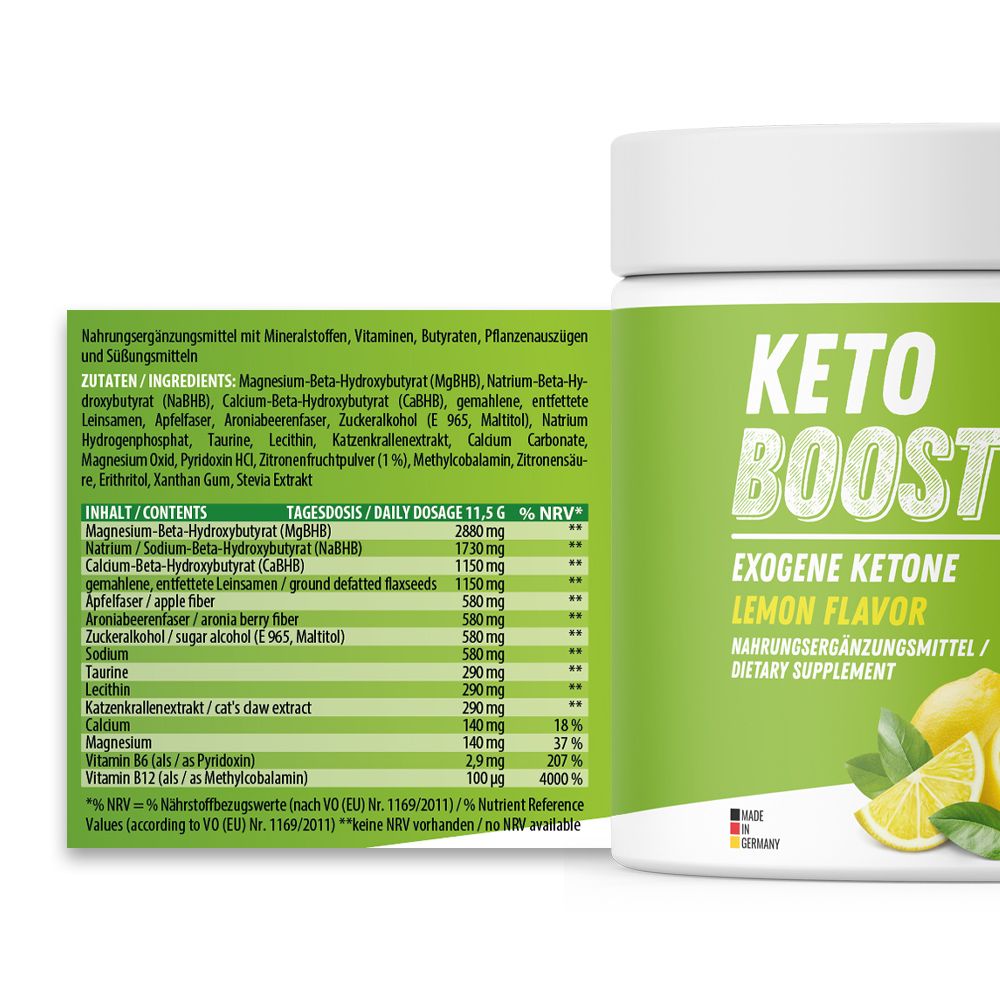 Produktglas mit grünem Etikett. Aufschrift: KETO BOOST, Lemon Flavor. Detailansicht der Inhaltsstoffe und Nährwertangaben.