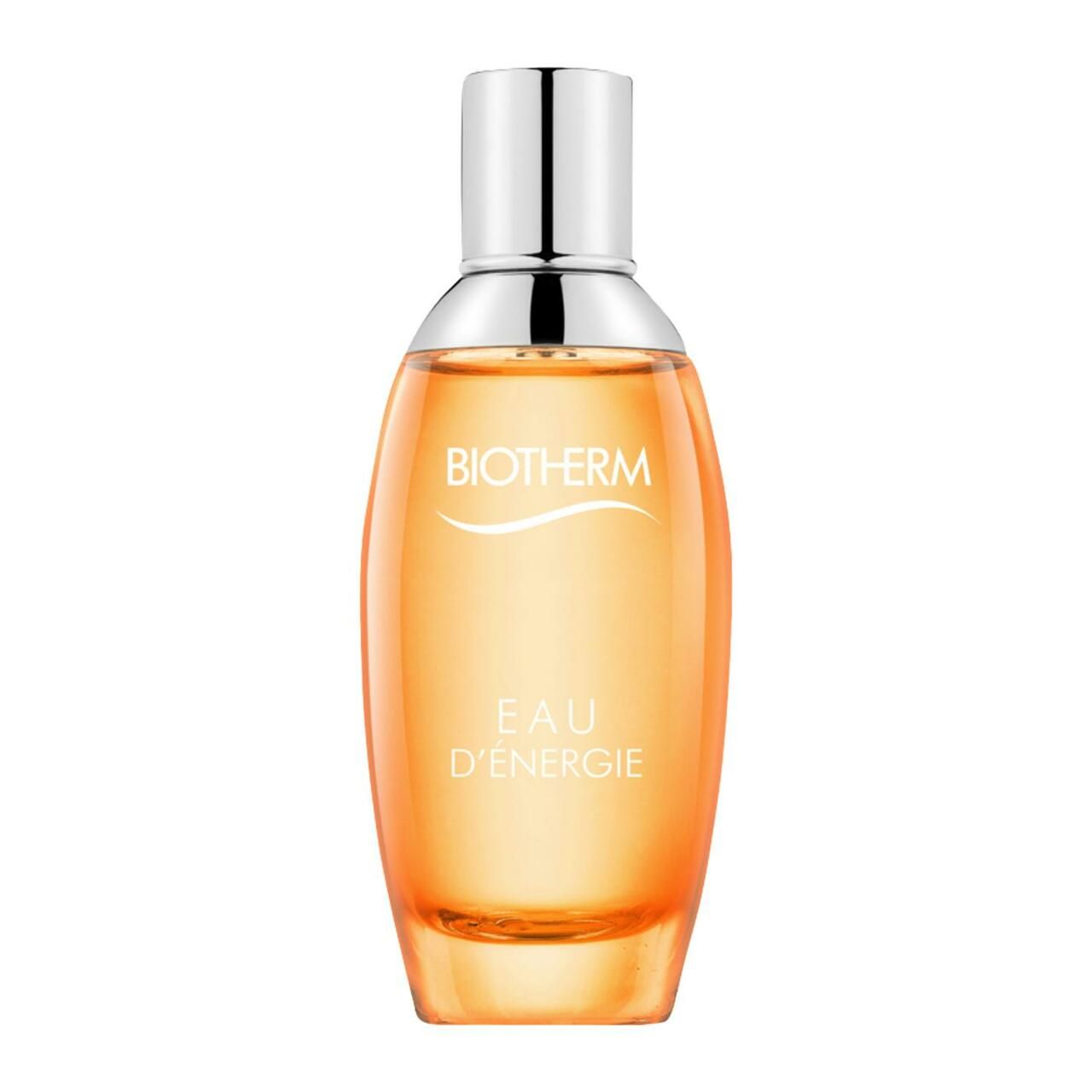 Biotherm Eau d'Énergie Flakon. Orangefarbenes Glas, silberner Verschluss. Marke und Produktname sichtbar.