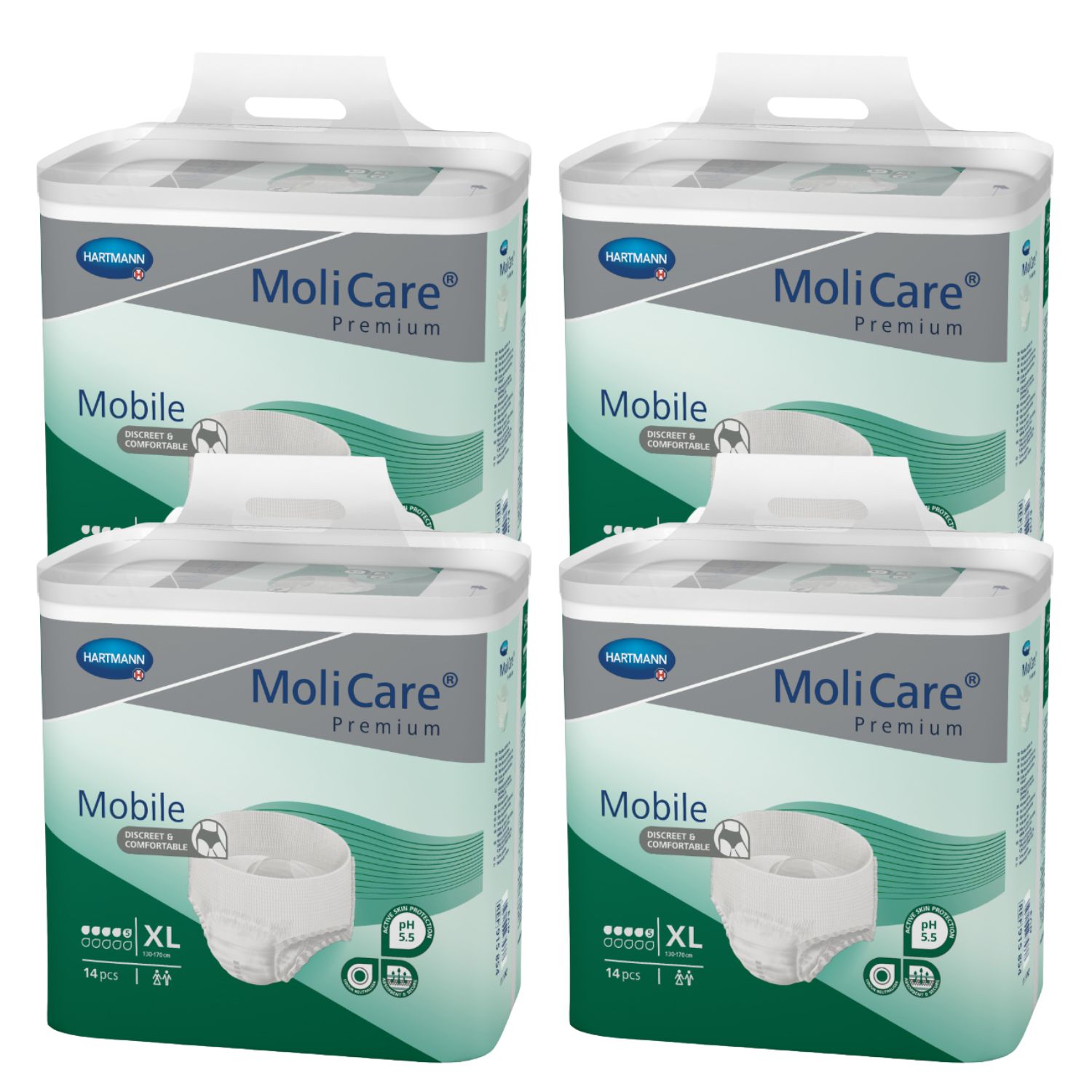 Vier Packungen MoliCare Premium Mobile Windelhosen. Jede Packung zeigt das Logo und die Produktbezeichnung. Größe XL.