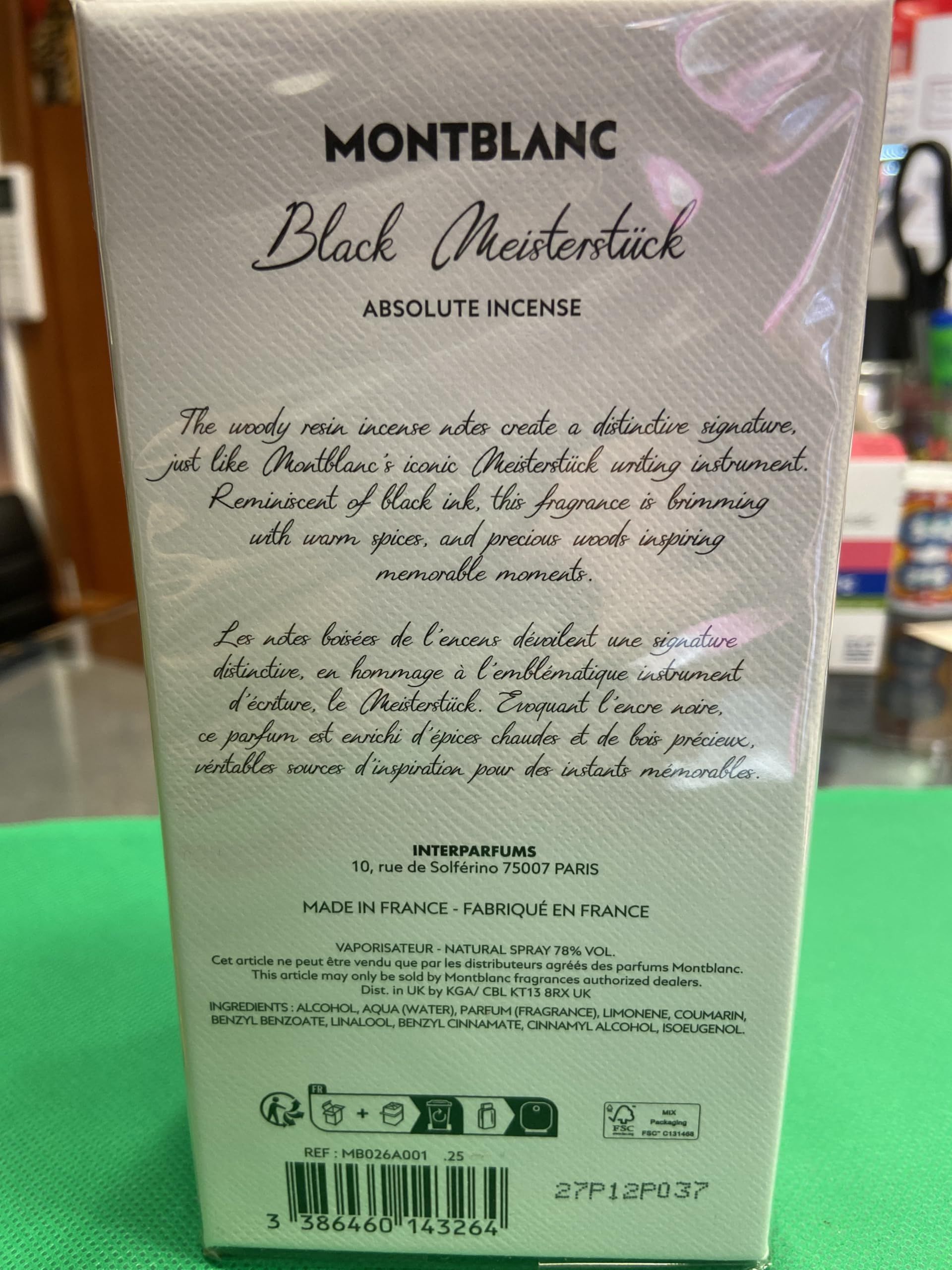 Rückseite der Montblanc Black Meisterstück EdP Nat. Spray Verpackung. Textliche Produktinformationen.