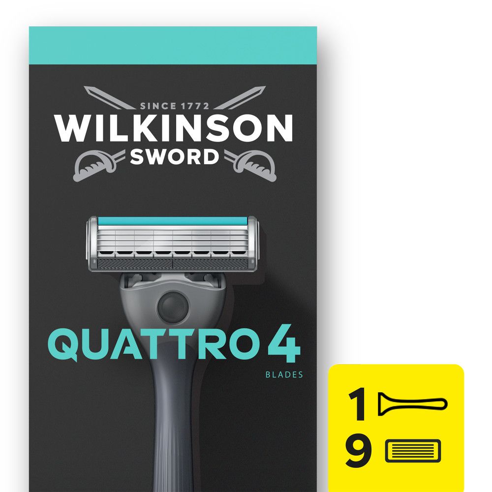Verpackung für Wilkinson Sword Quattro 4 Rasierer mit 4 Klingen und 1 Ersatzklinge.