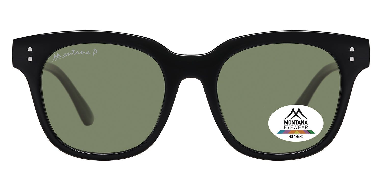 Schwarze Sonnenbrille mit grünen Gläsern. Montana Eyewear Logo und Polarized-Aufkleber. Runde Form, dicke Fassung.