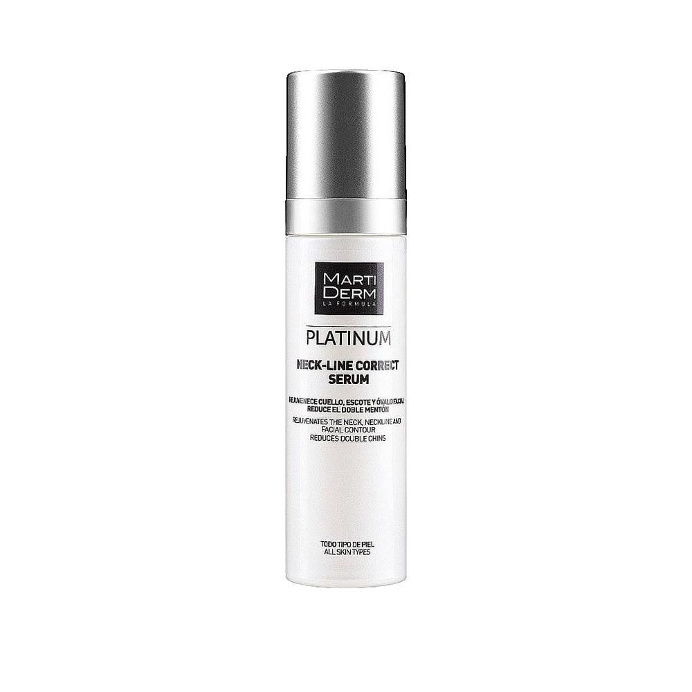 Martiderm Platinum Serum, Flasche. Silberne Kappe, weißes Etikett mit Text. Für Gesicht und Hals.