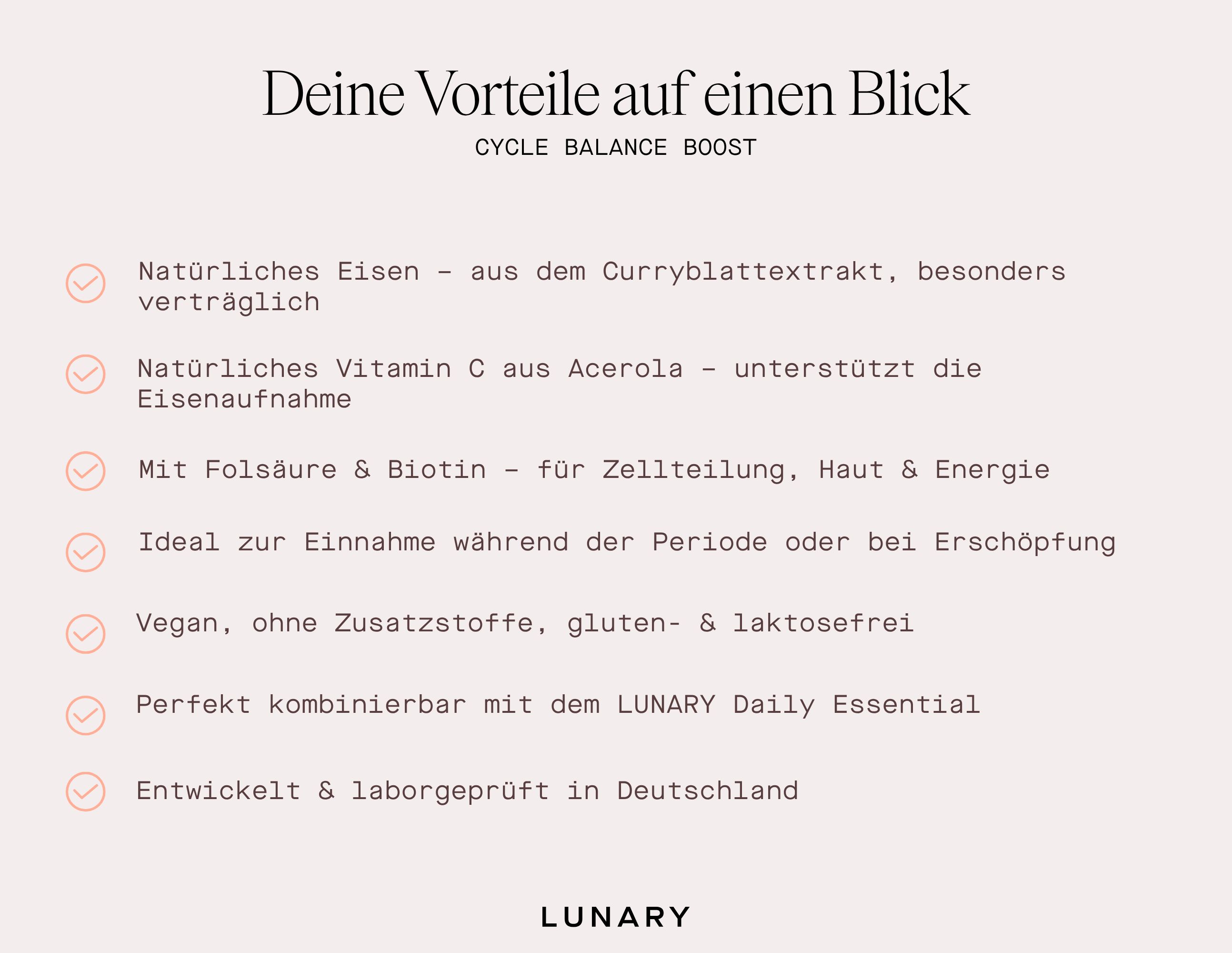 Text: Deine Vorteile auf einen Blick. Natürliches Eisen, Vitamin C, Folsäure & Biotin. Ideal während der Periode. Vegan, glutenfrei.