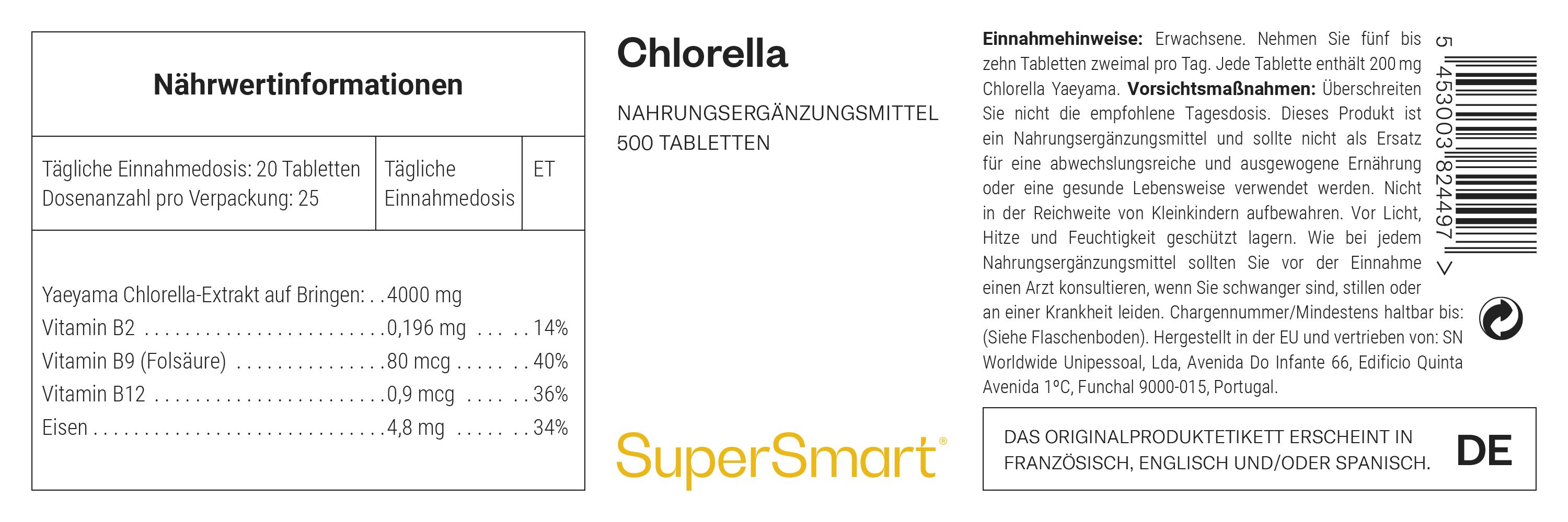 Chlorella-Nahrungsergänzungsmittel. 600 Tabletten. SuperSmart-Logo. Nährwertangaben und Gebrauchsanweisung auf der Verpackung.