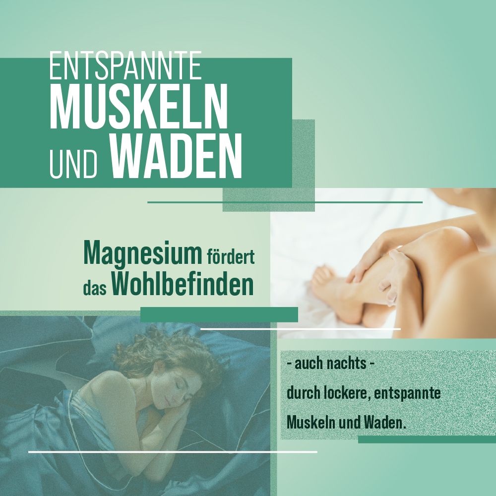 Werbung für Magnesium. Frau schläft im Bett. Text: Magnesium fördert das Wohlbefinden durch lockere Muskeln und Waden.