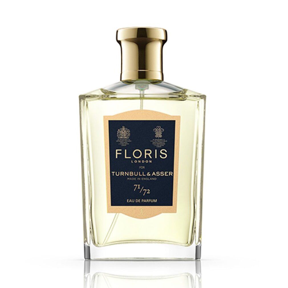 Parfümflasche mit goldfarbenem Verschluss und Etikett. Auf dem Etikett steht "FLORIS LONDON" und "71/72 Eau de Parfum".