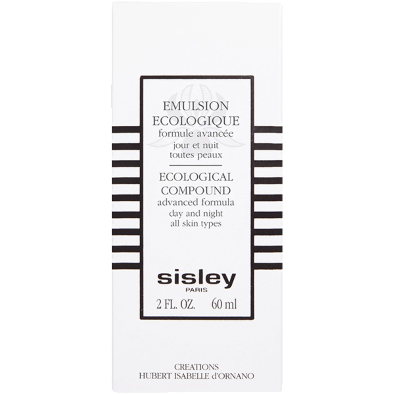 Weiße Verpackung mit schwarzem Rahmen und Streifen. Produktname und Marke „sisley“ sind sichtbar.
