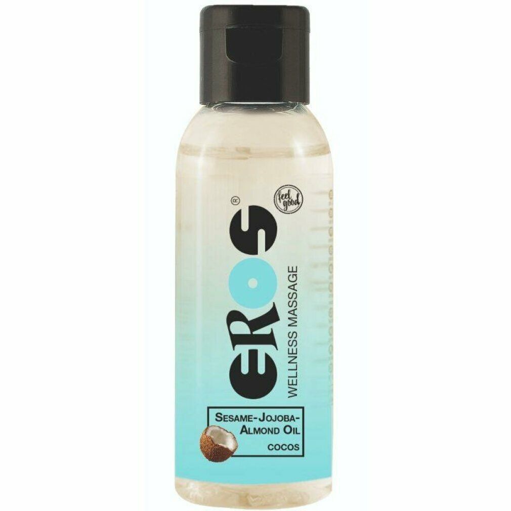 Klarflüssige Flasche mit schwarzem Deckel. Aufschrift: EROS, Wellness Massage, Sesam-Jojoba-Mandelöl, Cocos. Kokosnuss-Illustration.