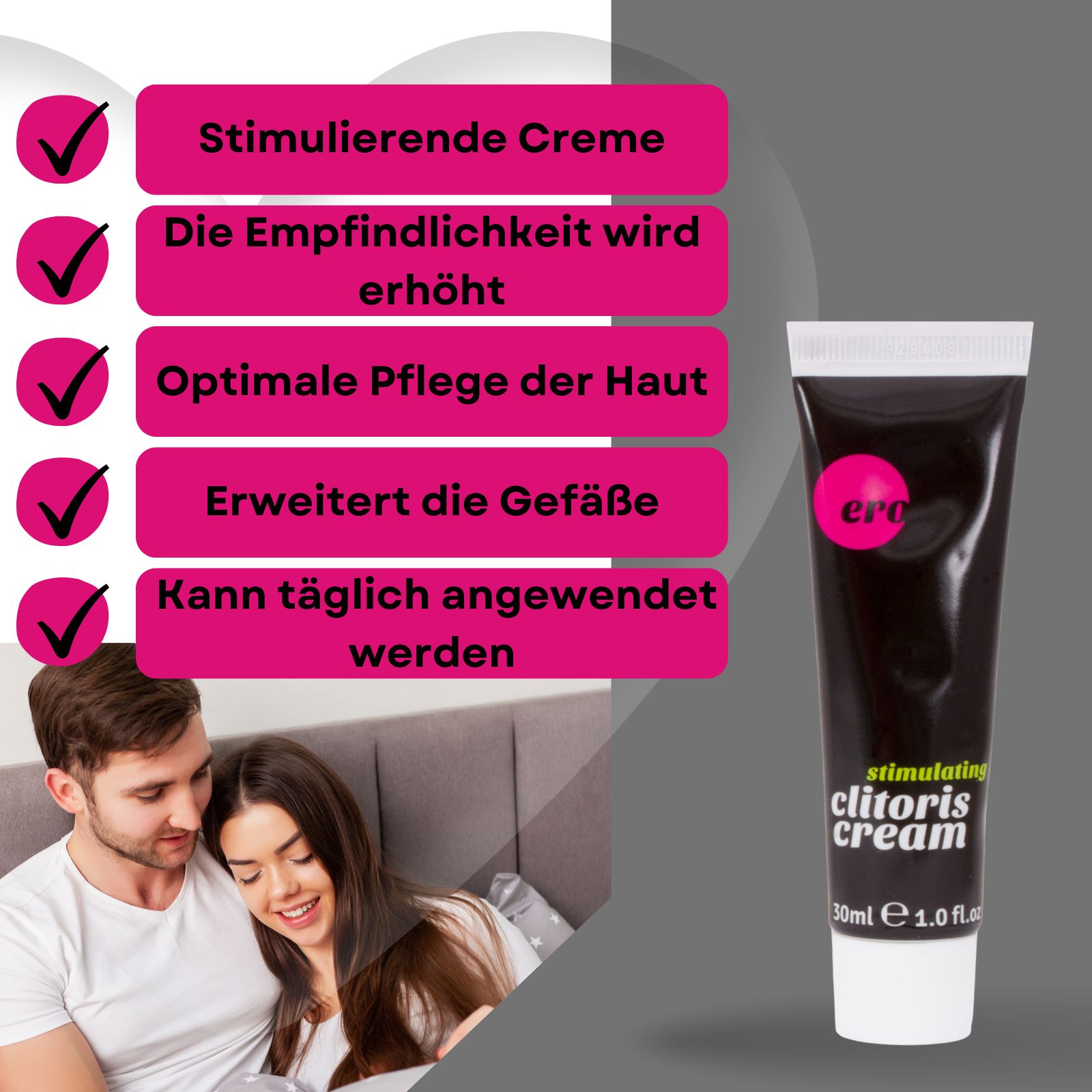 Paar im Bett. Creme-Schachtel und Tube. Text: stimulating clitoris cream. 30ml, 1.0fl.oz. Rosa Akzente.