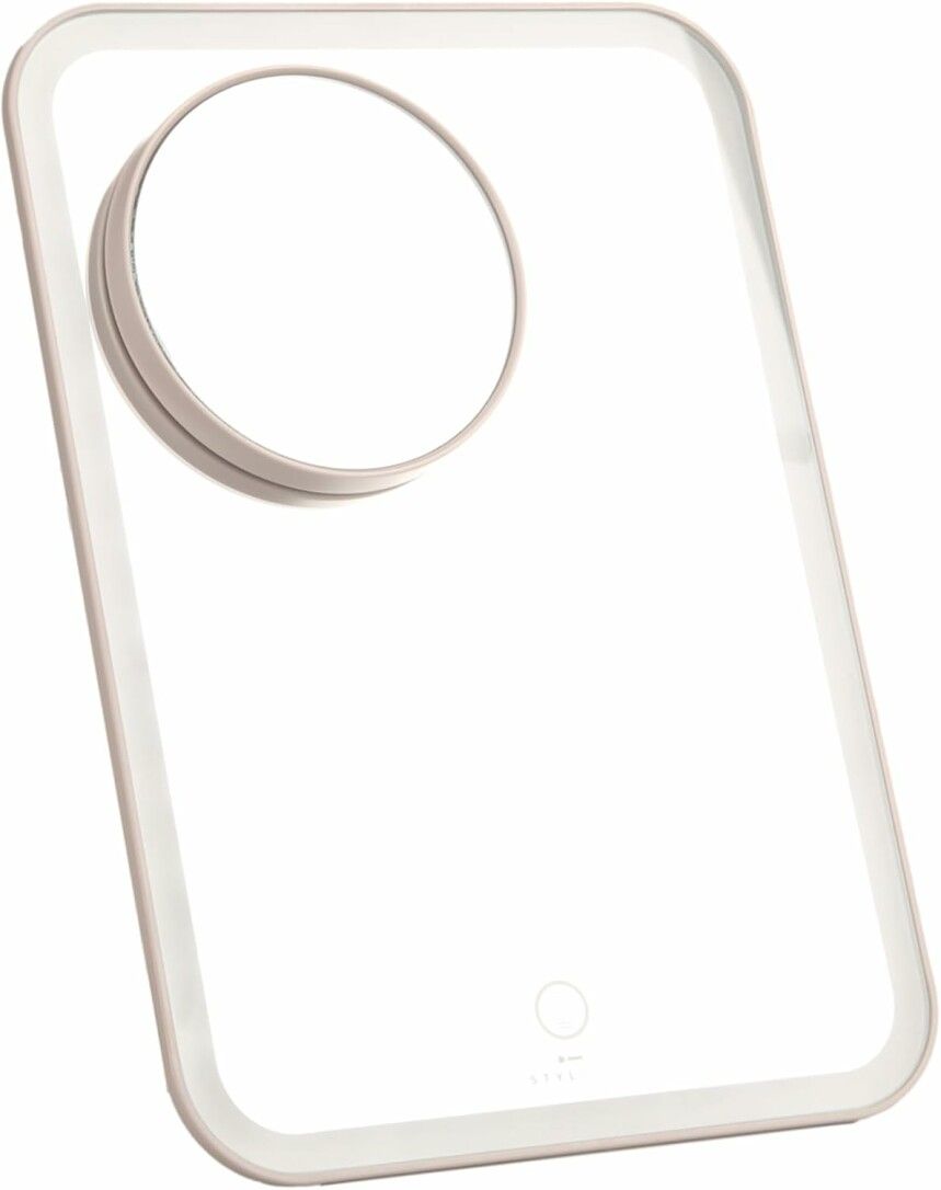 Rechteckiger Spiegel mit rundem Vergrößerungsspiegel. Weißer Rahmen, beleuchtet. Kleines Logo unten.