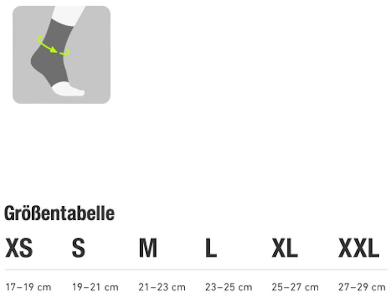 Größentabelle mit Größen XS bis XXL. Illustration eines Fußes mit Messlinie.