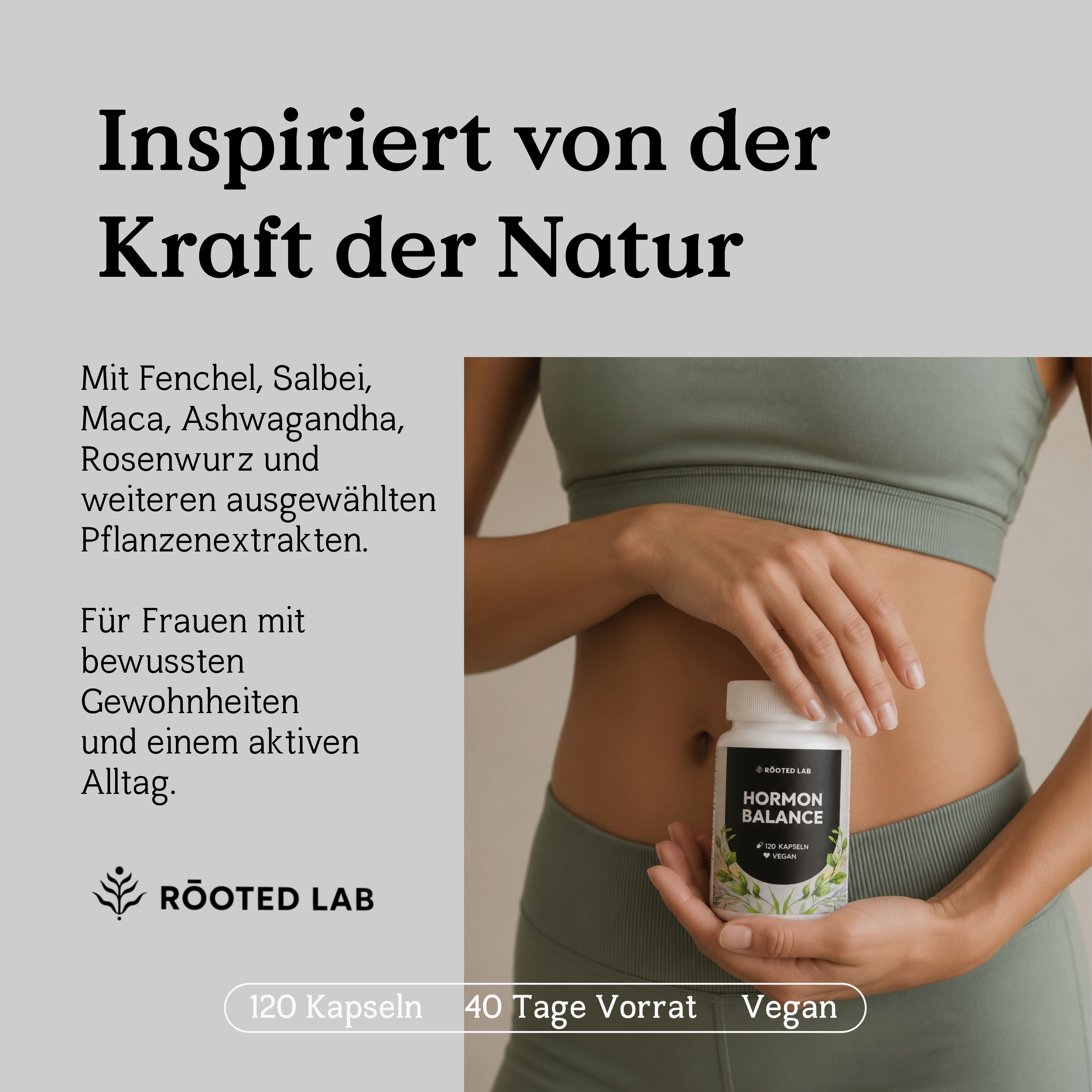 Hormon Balance Flasche in Hand, mit Text über Pflanzenextrakte und aktiven Alltag.