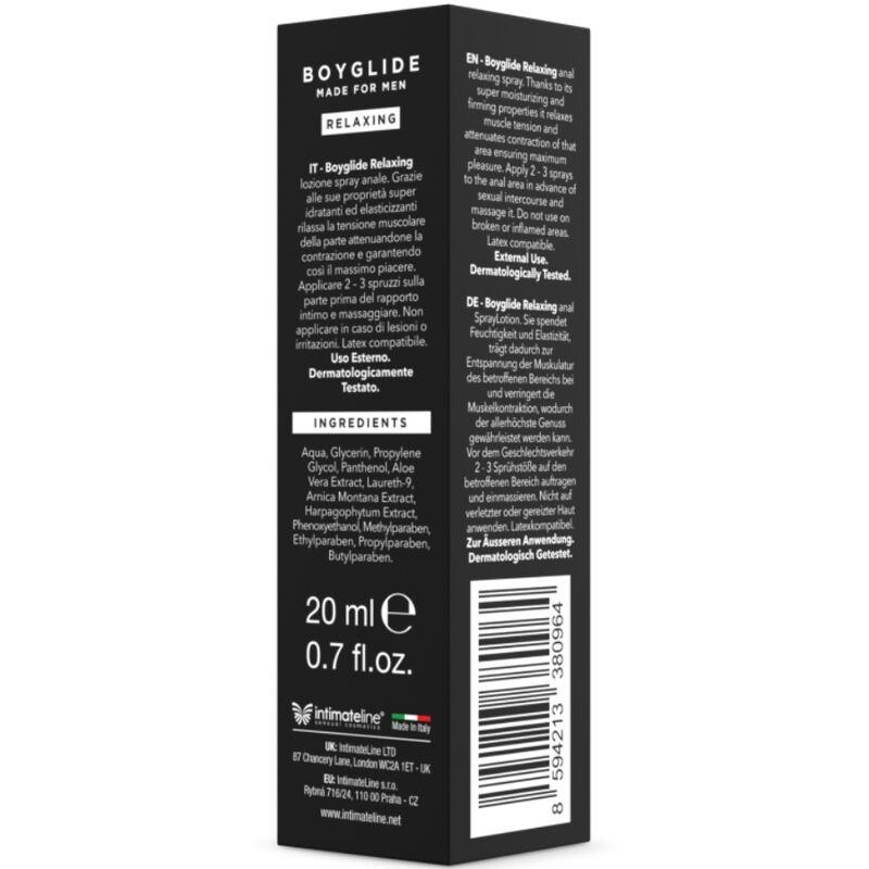 Schwarze Produktverpackung mit Text. Enthält Inhaltsstoffe, 20 ml, und Markenlogo. Dermatologisch getestet.