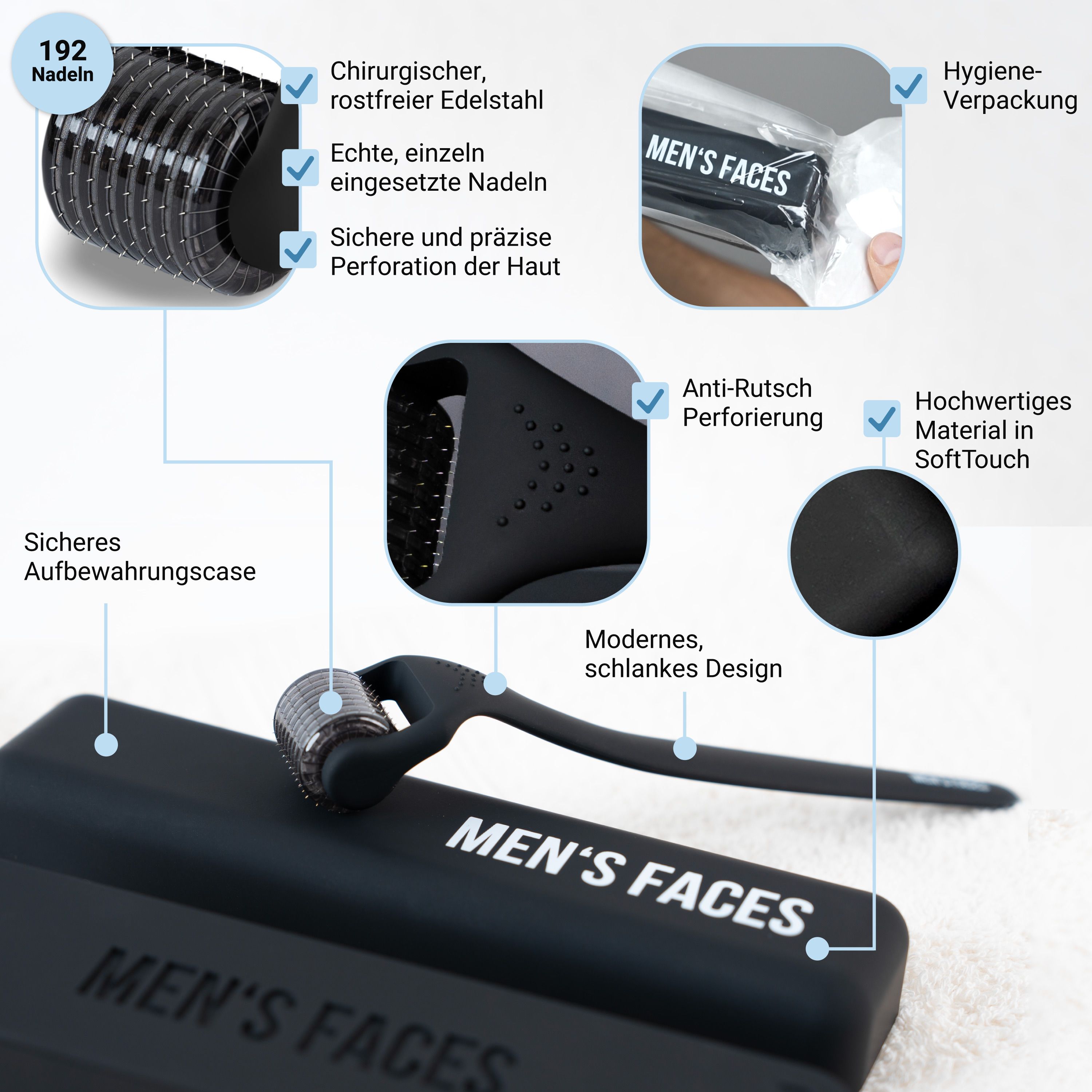 Schwarzer Bartroller mit 192 Nadeln, chirurgischer Edelstahl. Enthält eine Aufbewahrungscase. Mit Anti-Rutsch-Perforierung und SoftTouch-Material.
