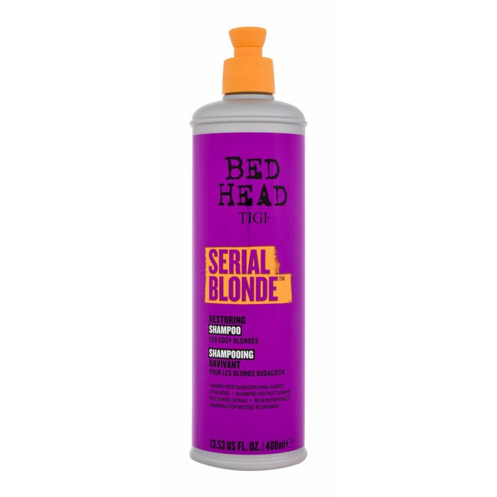 TIGI Bed Head Serial Blonde Flasche mit Pumpspender. Lila Flasche mit silbernem Hals und orangefarbenem Pumpaufsatz.