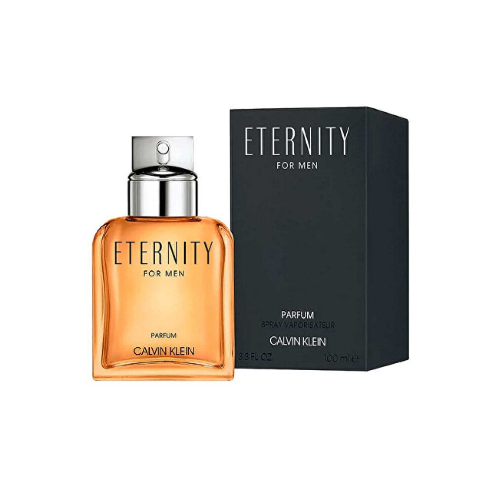 Parfümflakon und Verpackung. Flakon mit silbernem Verschluss, Schriftzug "ETERNITY FOR MEN" und "CALVIN KLEIN".
