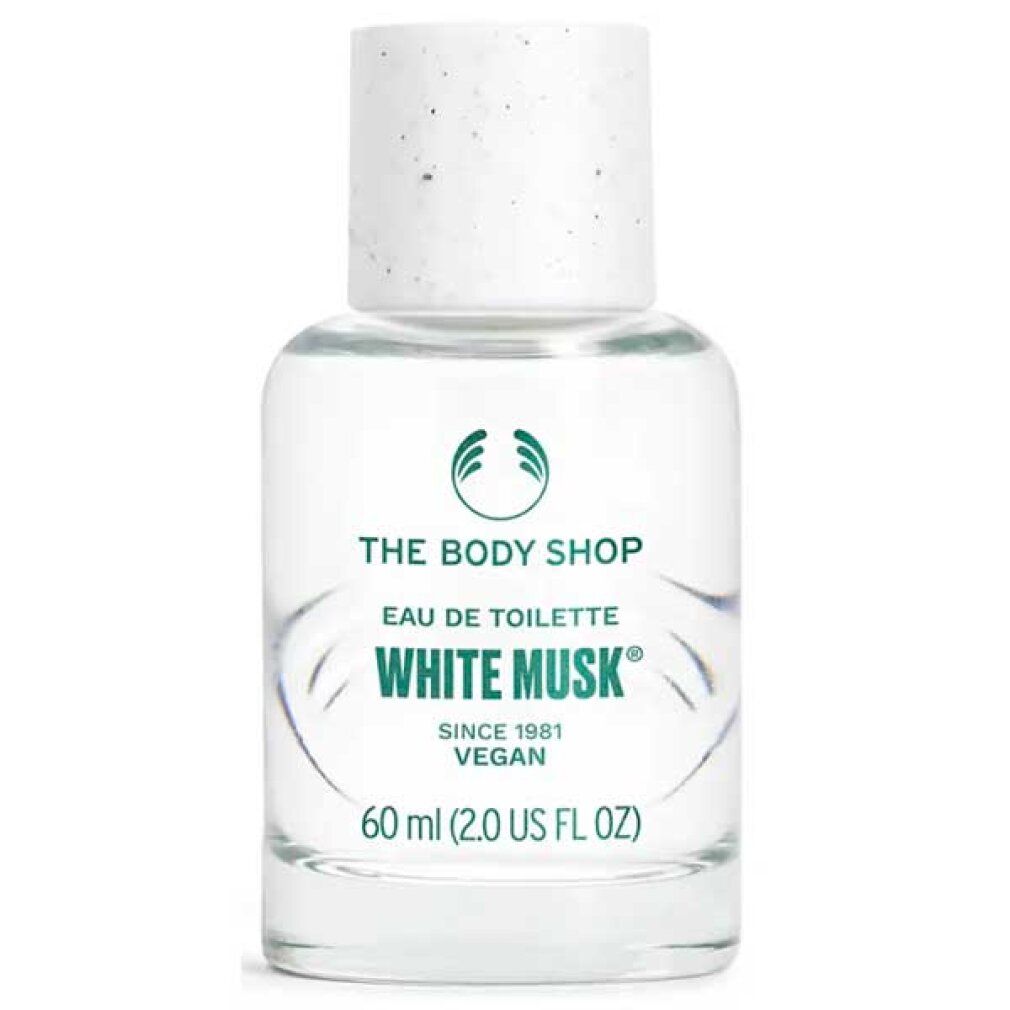 Klarer Glasflakon mit weißem Deckel. Aufschrift "THE BODY SHOP", "WHITE MUSK", "60 ml".