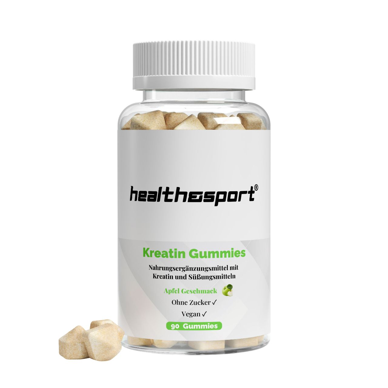 Transparente Dose mit weißen Deckel. Aufschrift: HEALTH & SPORT, Kreatin Gummies, Apfel Geschmack, Vegan. Inhalt: 90 Gummies.