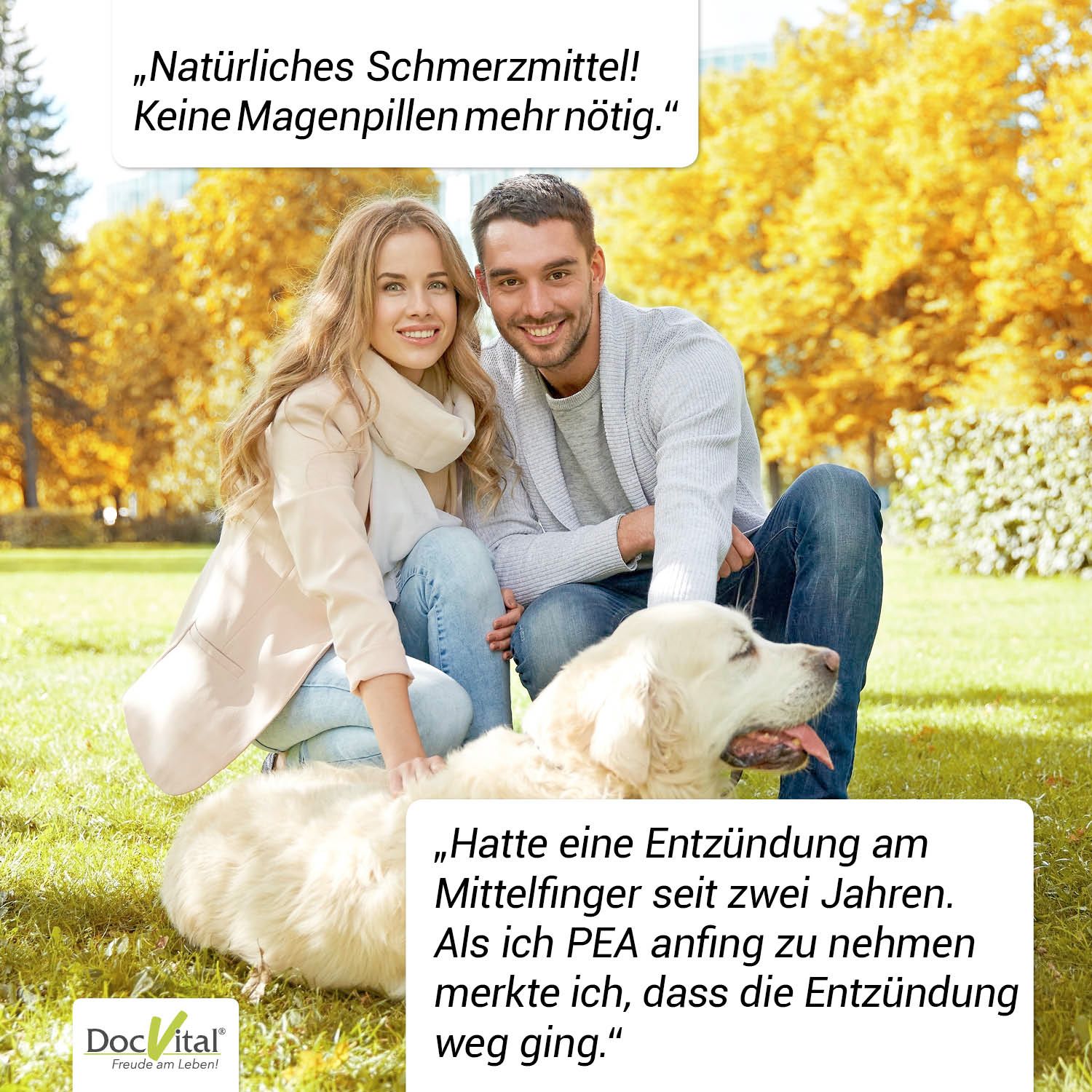 Paar mit Hund. Text: Natürliches Schmerzmittel! Keine Magenpillen mehr nötig. Zitat über Entzündung.