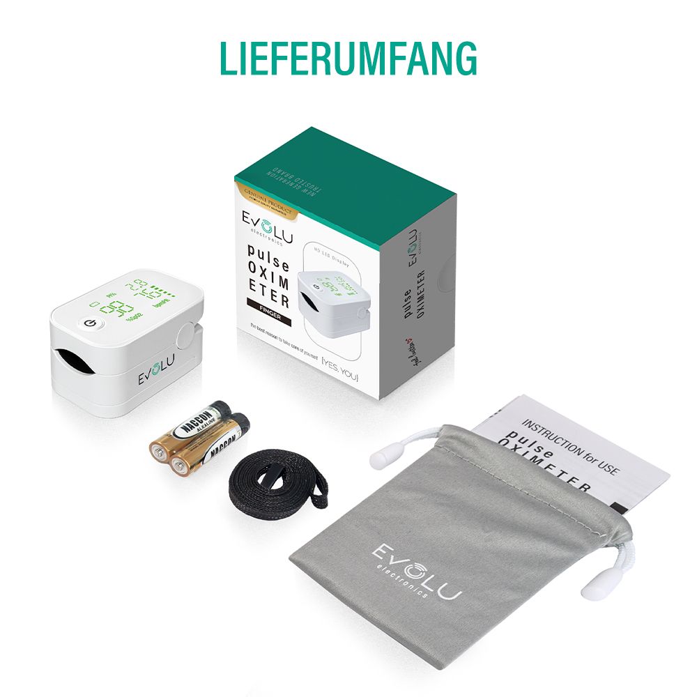 Verpackungsinhalt: Finger-Pulsoximeter, Batterien, Umhängeband, Aufbewahrungstasche, Bedienungsanleitung. EVOLU-Logo.