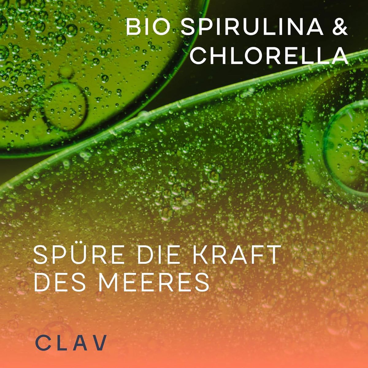 Text mit "BIO SPIRULINA & CHLORELLA" und "CLAV". Flüssigkeit mit Blasen.