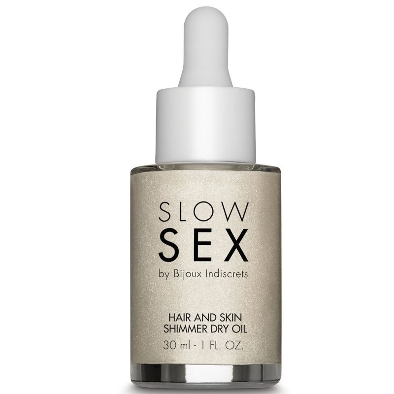 Flakon mit Pipette. Aufschrift: SLOW SEX by Bijoux Indiscrets. Hair and Skin Shimmer Dry Oil. 30 ml - 1 FL. OZ.