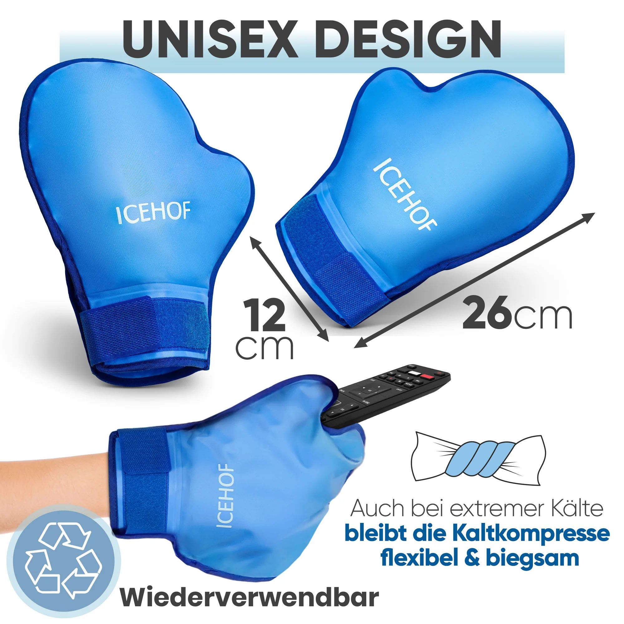 Zwei ICEHOF Gel-Handschuhe, Maße 12x26cm. Ein Handschuh wird an einer Hand getragen. Wiederverwendbar, flexibel bei Kälte.