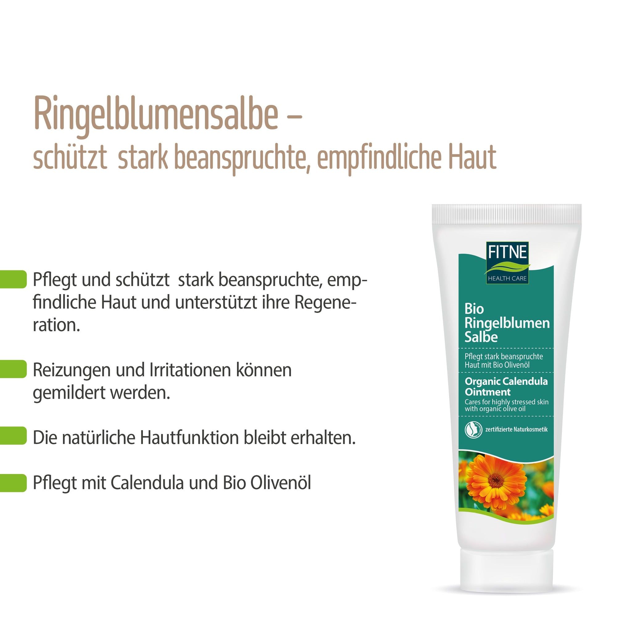 Tube Ringelblumensalbe, schützt stark beanspruchte, empfindliche Haut. Pflegt und schützt.
