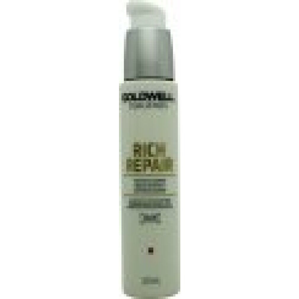 Goldwell Rich Repair Serum-Flasche. Weißes zylindrisches Behältnis mit silbernem Pumpkopf. Produktname und Schriftzug auf der Vorderseite.