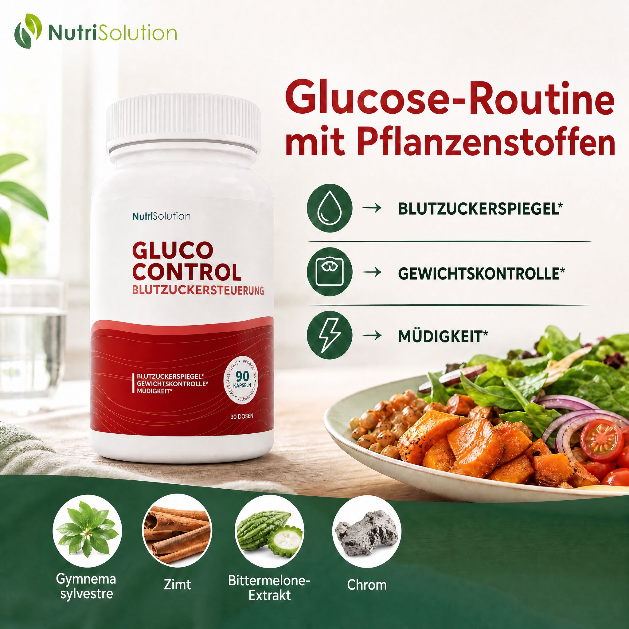 NutriSolution Glucauxi 85 Kapselbehälter neben einem Salat und pflanzlichen Inhaltsstoffen.