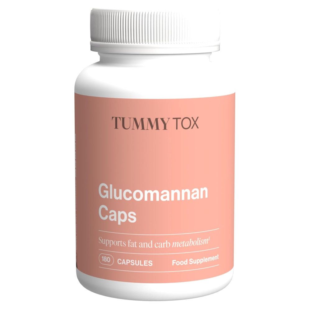Weiße Flasche mit rosa Etikett. Aufschrift: Tummy Tox, Glucomannan Caps, 180 Kapseln. Unterstützt Fett- und Kohlenhydratstoffwechsel.