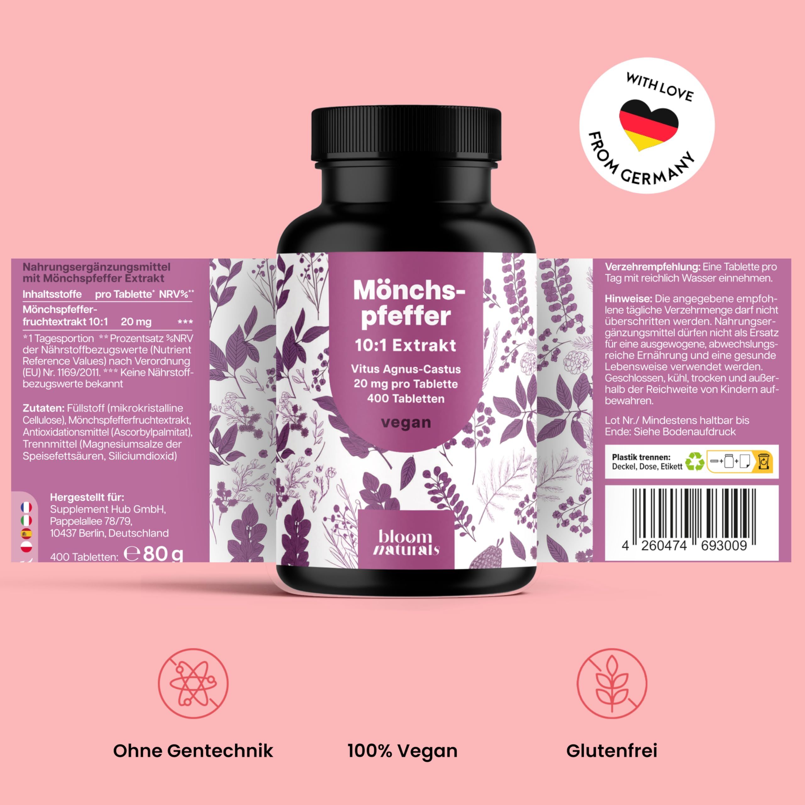 Schwarze Flasche mit Etikett. Text: Mönchspfeffer 10:1 Extrakt, 400 Tabletten, vegan. Marke: Bloom Naturals. Mit Liebe aus Deutschland.
