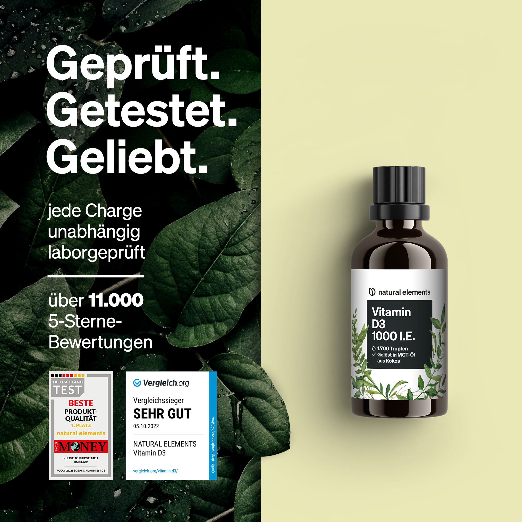 Braune Flasche mit schwarzem Deckel. Text: "Vitamin D3 1000 I.E.". Logo "natural elements".  Zwei Auszeichnungen für Produktqualität.