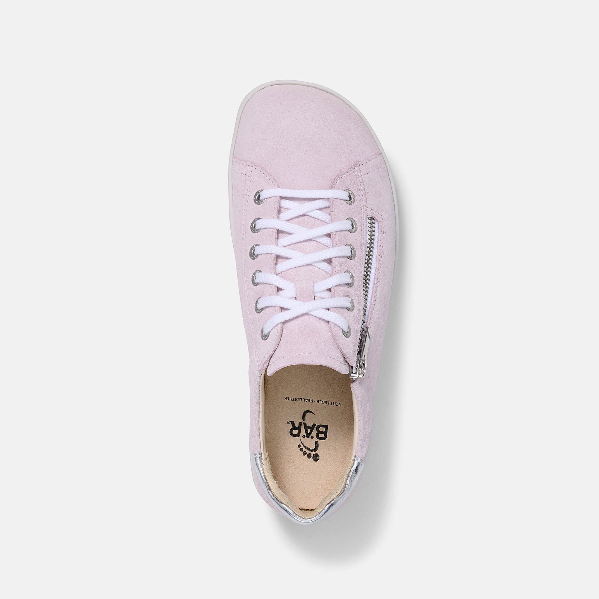 Draufsicht auf einen rosa Schuh mit weißer Sohle. Reißverschluss und weiße Schnürsenkel. Innensohle mit Logo.